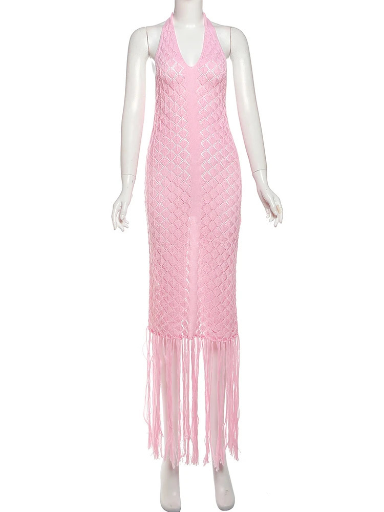 Wired Puss Backless Halter Dress Women Sexy Summer Deep VNeck Hollow Tassel Solid Patchwork Slim Midnight Party Club Dresses 250604