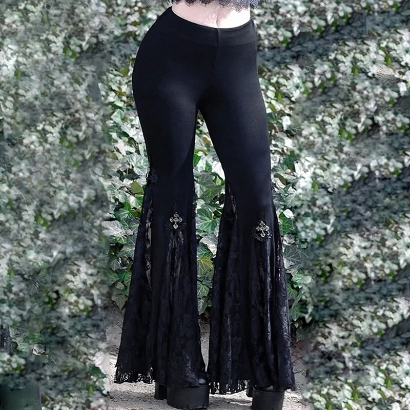 High Waisted Lace Hollow Black Micro Flared Pants Dark Punk Style Autumn Versatile Straight Leg Pants 250604