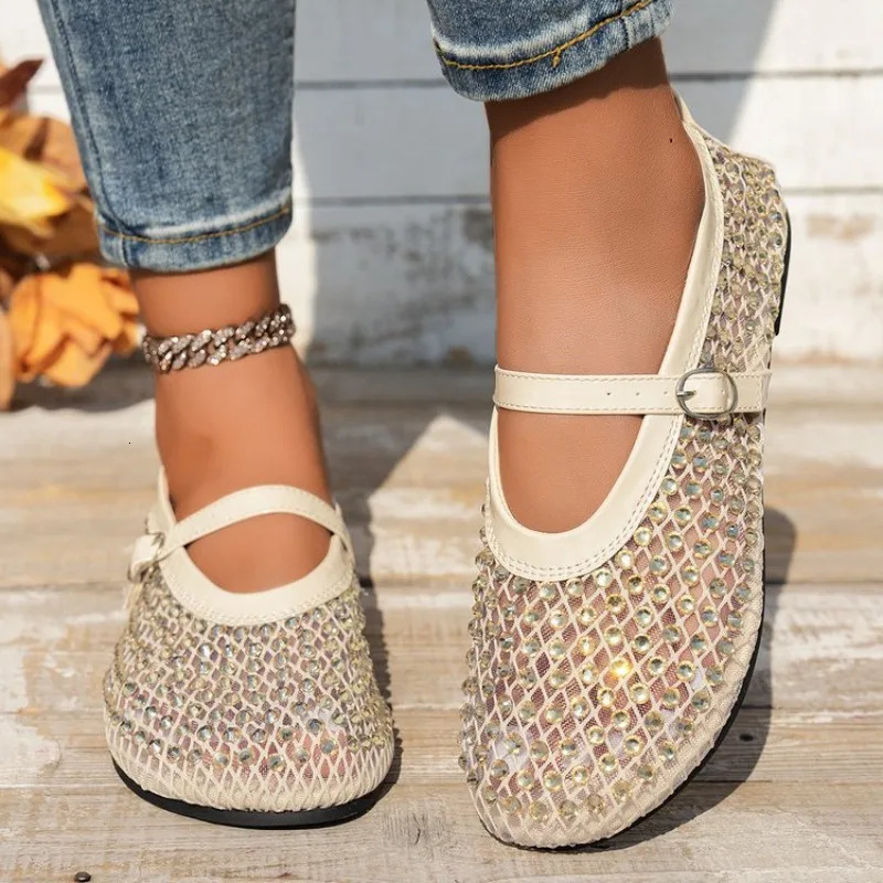 Mesh Breathable Rhinestone Fashion Versatile Womens Foreign Style Niche Belt Flat Soft Soled Mary Jane Shoes Womens Shoes 250603