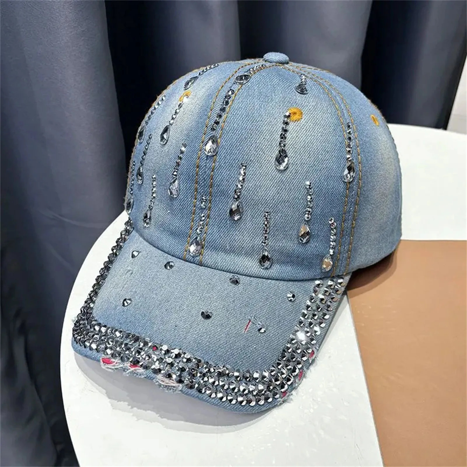 2025 Summer WomenS Denim Diamond Baseball Cap Casual Fashion Duckbill Cap Sun Hat Strap Adjustable 250603