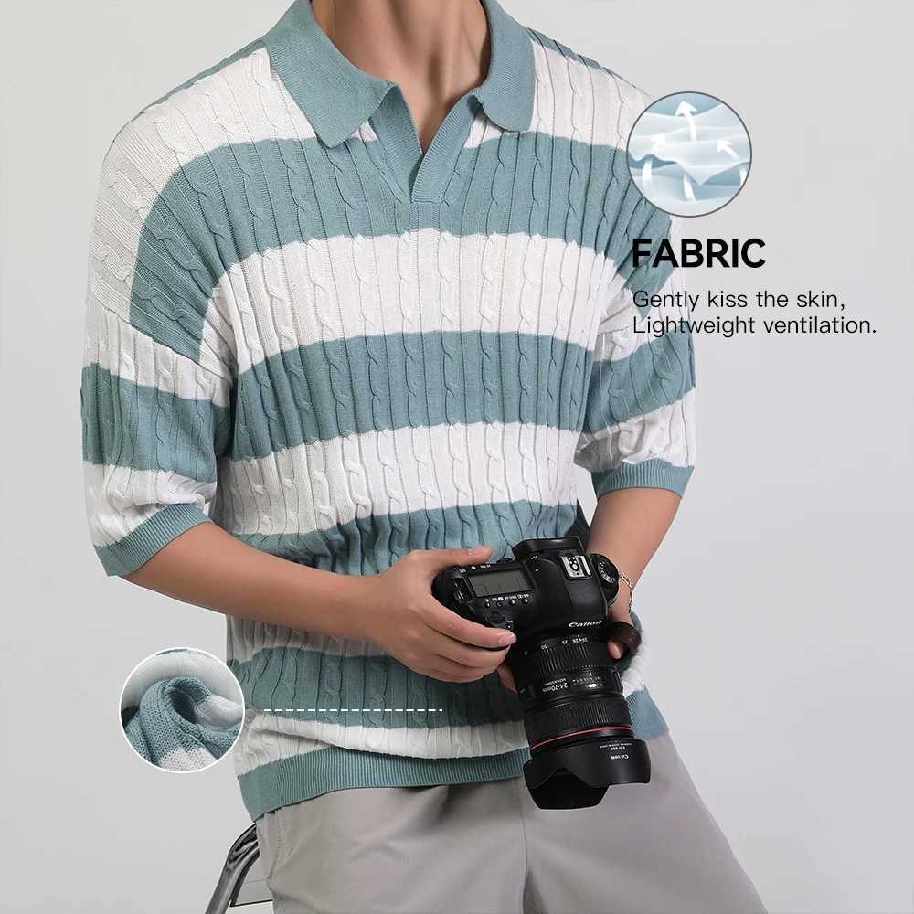 Mens Polo Short Sleeve Retro Knit Lapel Striped Short Sleeve Fashion T-shirt Popular Knitwear Casual Breathable Top US SizeXJ250605