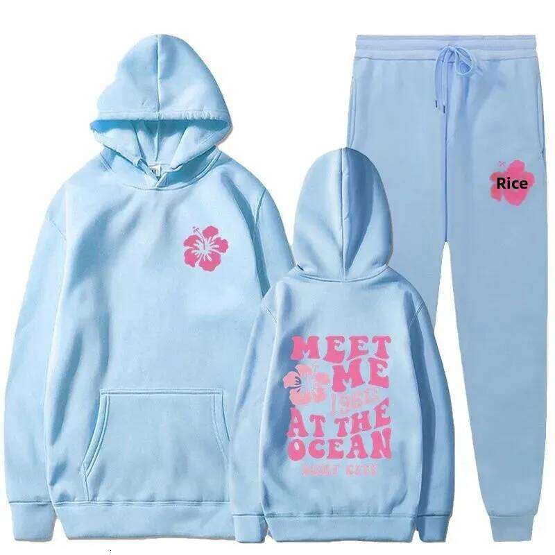 Simple Casual Hoodie Pants Set Autumn Winter New Style Print Hooded Sweatshirt Bottoms Combo Large Size Women