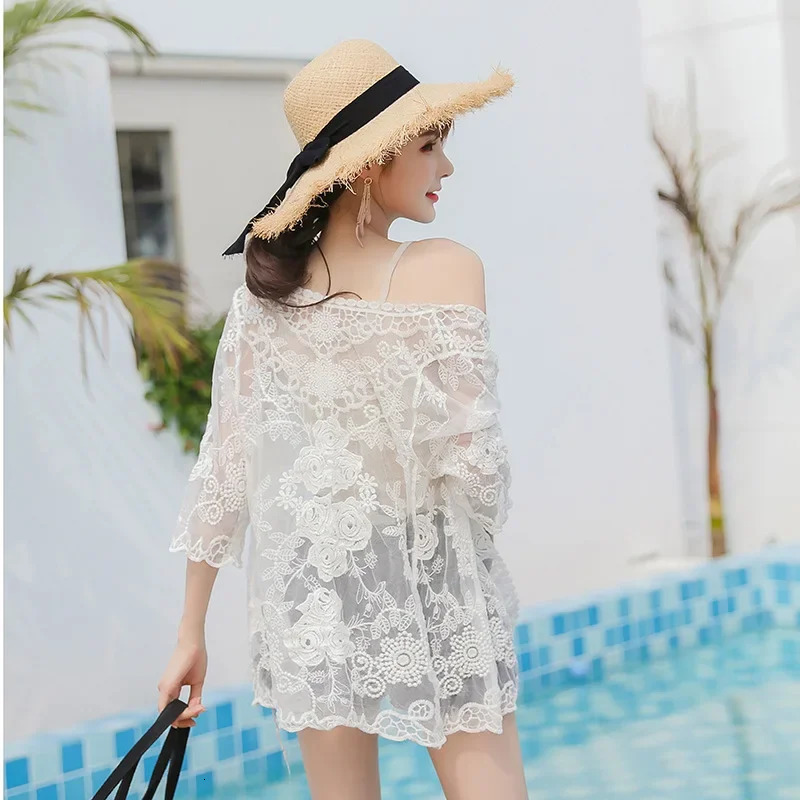 Summer Lace Cardigan Sunscreen Jacket Womens Embroidery Hollow Hook Flower Beach Cover Up Casual Seaside Vacation Jacket 250605