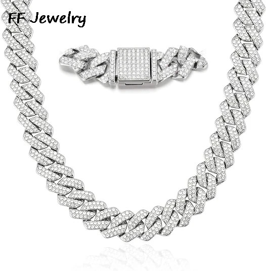 16/18/20/24inch Cuban Link Chain Hip Hop Iced Out Paris Chain 2 Row Rhinestone Paved Miami Rhombus Cuban Men Necklace 250530