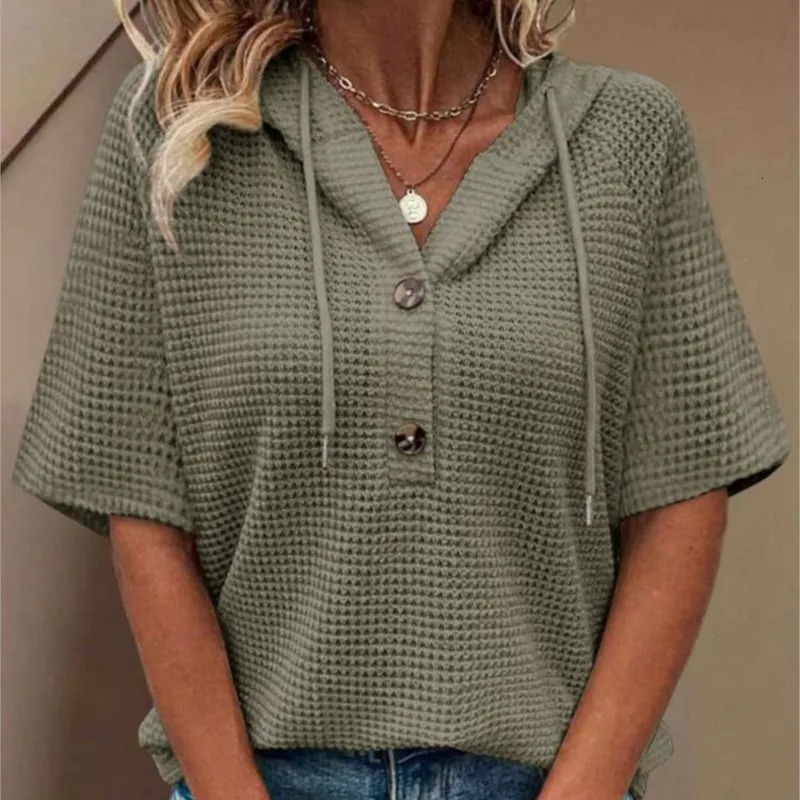 Womens Summer Knitted Short Sleeve Tops Chic Drawstring Hoodies Button V Neck Casual Work Blouses Top Deals 250604