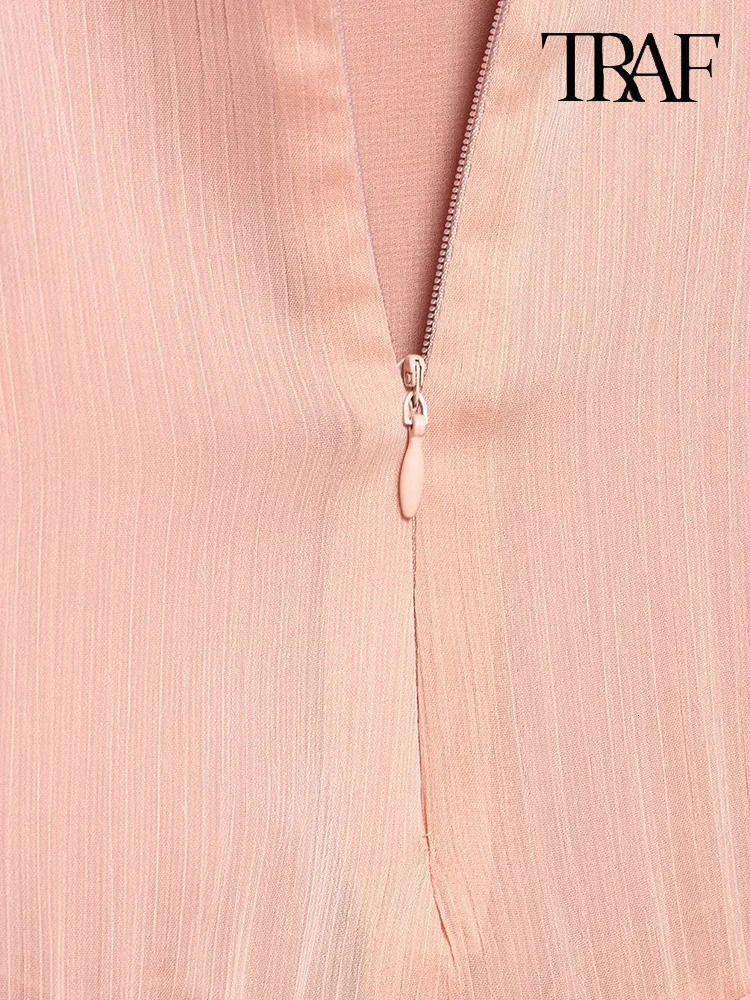 TRAF Womens Fashion Elegant Pink Stacked Embellished Halter Dress Sexy Slim VNeck Sleeveless Back Zipper Short Dresses 250604