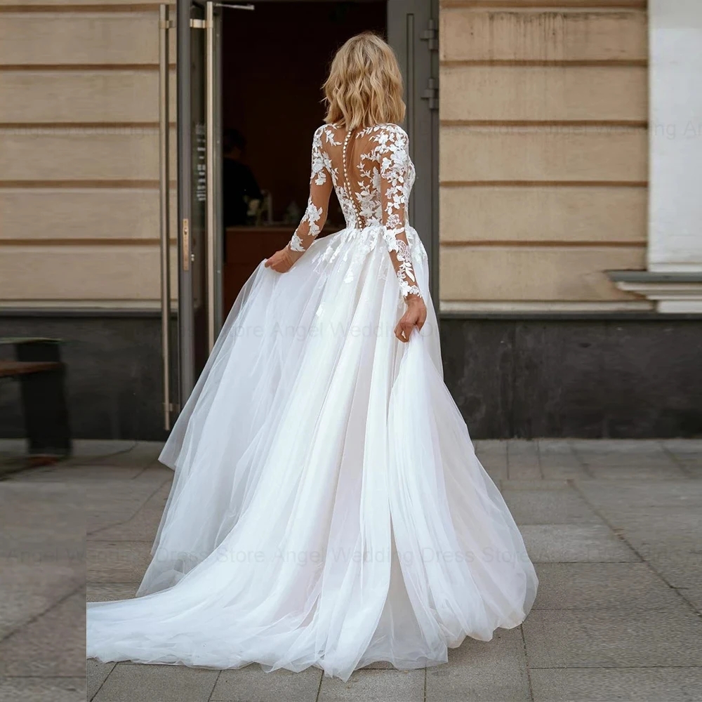 2025 Elegant A-Line Lace Wedding Dress Women Scoop Neck Long Sleeves Applique Bride Bridal Gowns Button Plus Size Vestidos De Novia