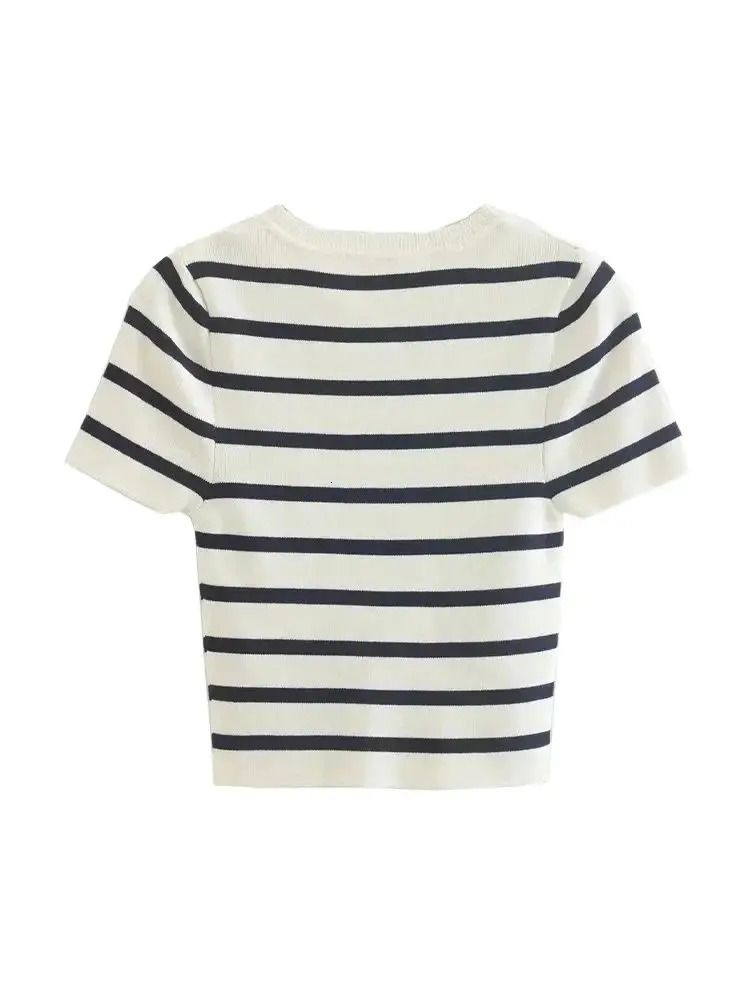TRZA Women Fashion Striped Basic Cropped Knit Sweater Vintage O Neck Short Sleeve Female Pullovers Chic Tops 250530