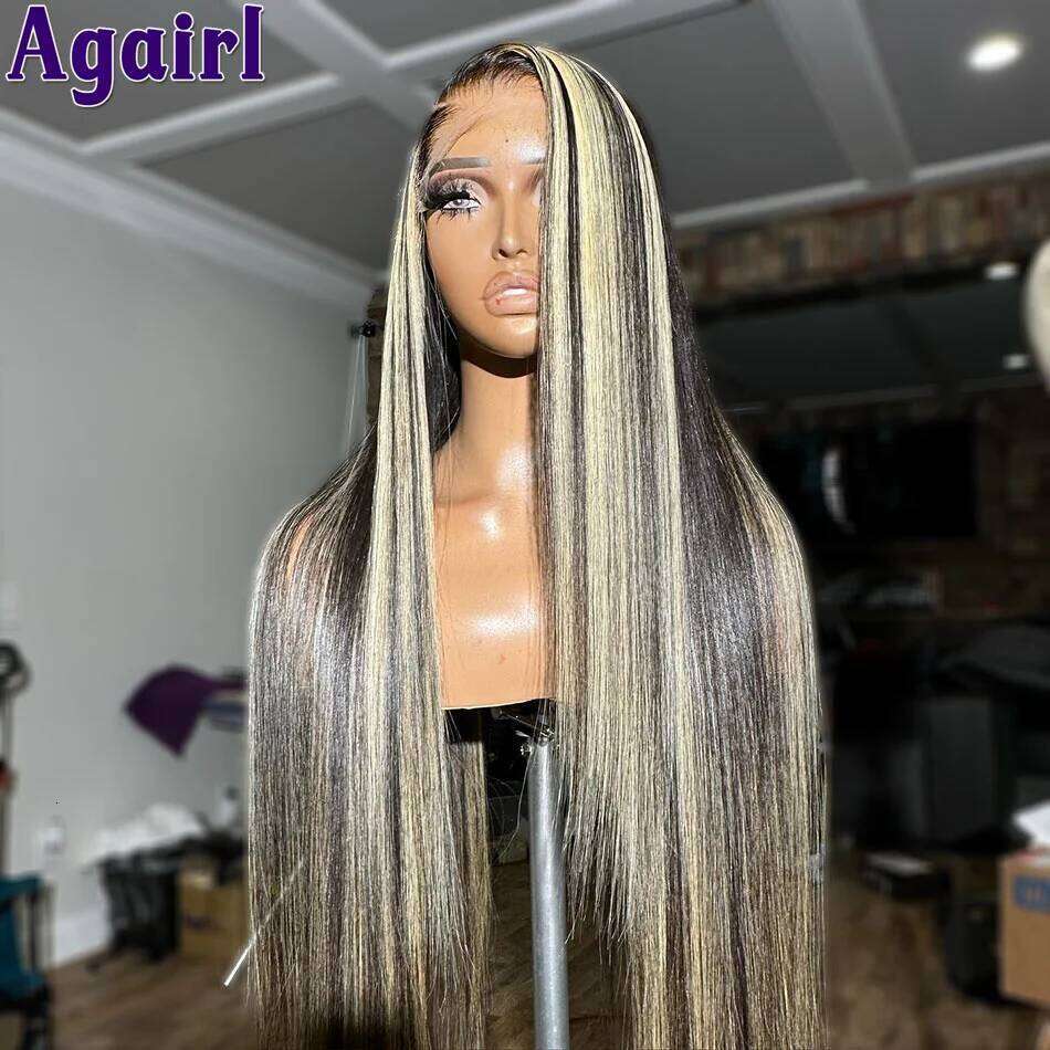 1B/27 Highlight 13X4 13x6 Frontal Human Hair Wigs 200% Blonde Brown Ready Go PrePlucked 34Inch Bone Straight Lace Front Wig