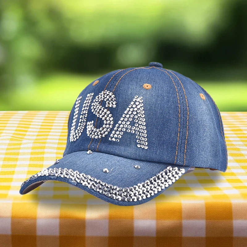 Women s Sparkling Rhinestone Embellished Adjustable Baseball Cap with Ponytail Opening for 4th of July Celebration 250603