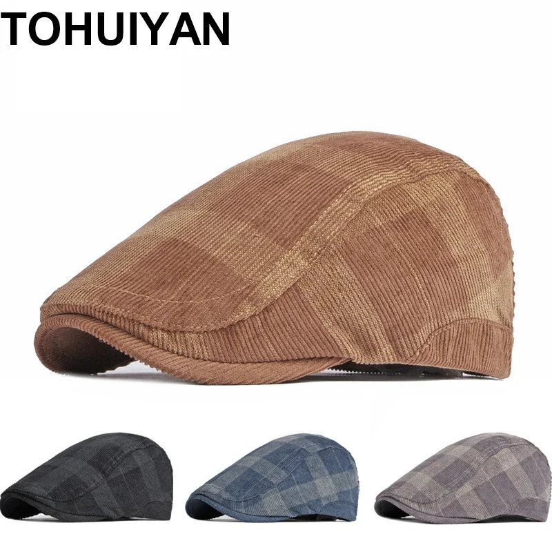 TOHUIYAN Corduroy sboy Caps Men Plaid Boina Hombre Cabbie Hat Autumn Gorras Planas Beret Hats British Flat Cap for Women 250604