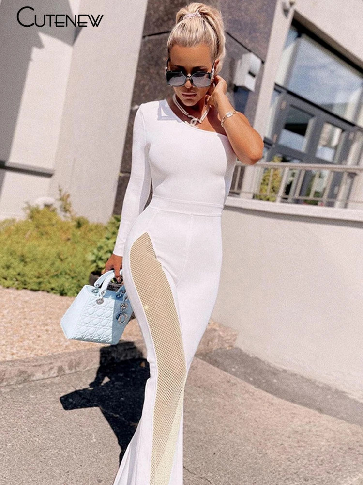 NIBBER Sexy Mesh Patchwork One Shoulder Playsuits Women Elegant Solid Skinny Flare Pants Jumpsuit Fashion Lady Party Streetwear 250521