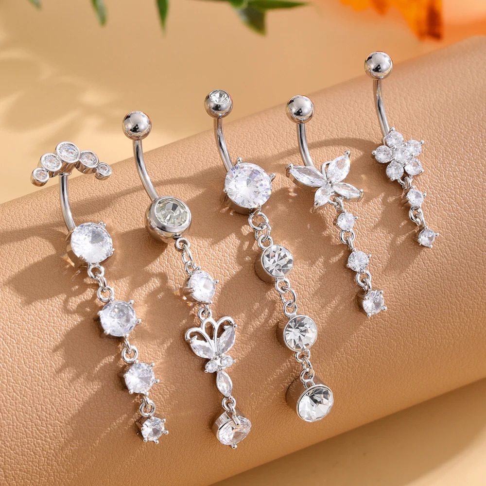 Butterfly Heart-shaped Belly Button Ring Sets Stainless Steel CZ Belly Rings Piercing Ombligo 14G Pink Zircon Navel Piercings 250530