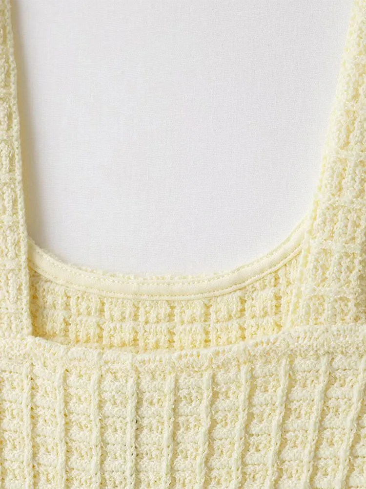 Butter Yellow Elasticity Knitted Mini Dress Women Elegant Splicing Bodycon Sleeveless Backless Gowns Lady High Street Vestidos 250604