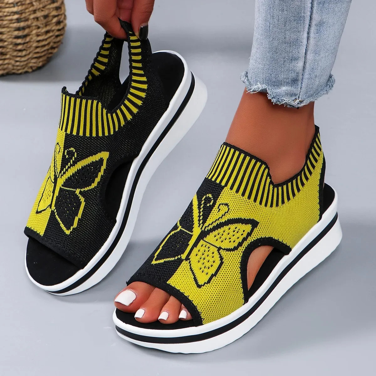 Summer Women Sandals Round Toe Platform Sole Mesh Single Shoes Casual Fashion Blue Butterfly Plus Size 250605