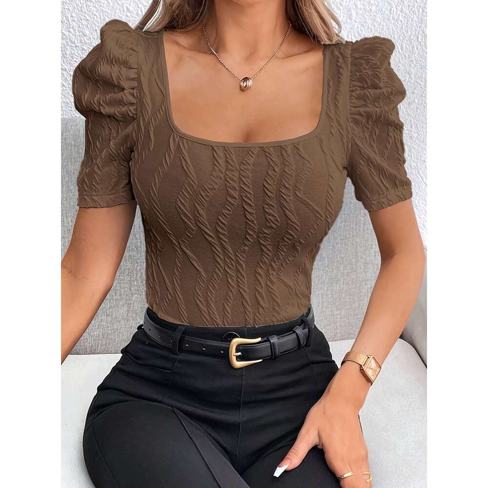 Waist-Cinching Casual Short Textured Leg-Of-Mutton Sleeve T-Shirt B5