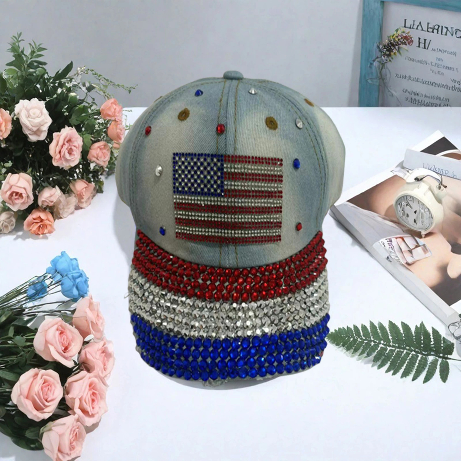 American Flag Embroidered Patriotic Baseball Cap for Women with Rhinestone Detail and Sun Protection 250603