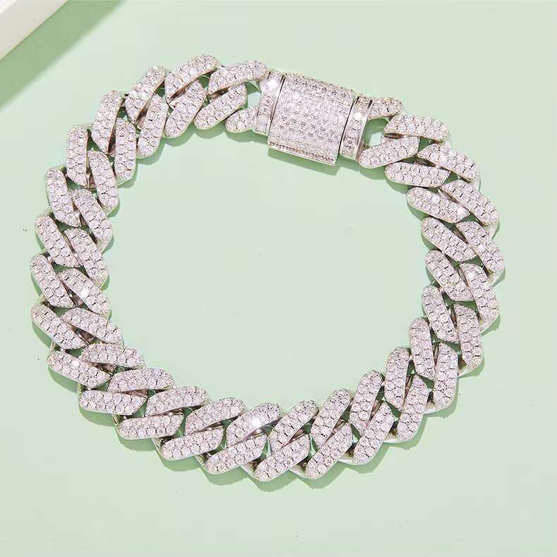 S925 Cuban Link Luxury Round Cut Moissanite 14mm Cuban Chain Fine Sterling Silver Jewelry Bracelet Hip-hop Unisex Bracelet