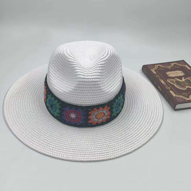 Large Boho Style Fedora Sun Proof Ethic Flat Brim Straw Hat for Daily Outdoor Fishing Travel Casual-for Cycling