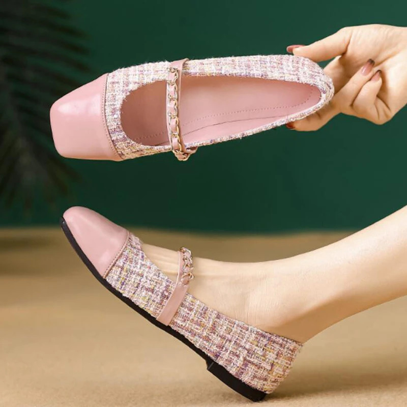 Women Flat pink Shoes Fashion Casual Flat Shoes Plaid Fabric Square Toe Slip On Mary Jane Shoes Outdoor Soft Ballerinas Shoes 250603