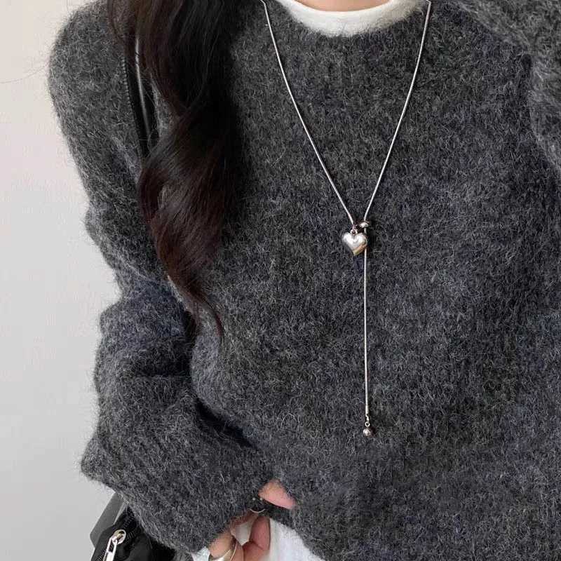 Stainless Steel Long Necklace with Heart Pendant Adjustable Chain Sweater Jewelry for Women Accessories XJ250604