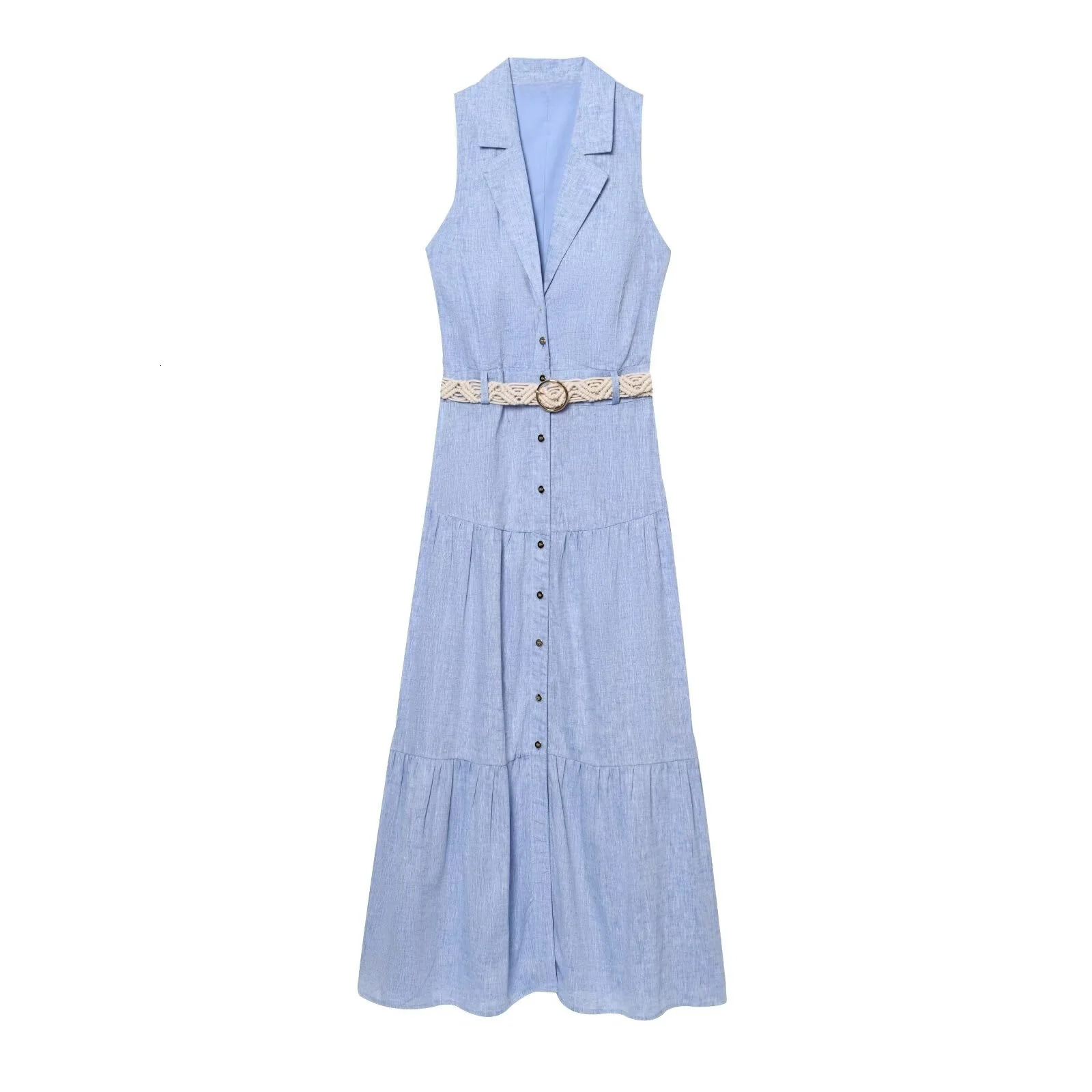 PB ZA Summer Product Womens Wear With Belt Casual Fashion Simple Suit Collar Sleeveless Midi Dress 250604