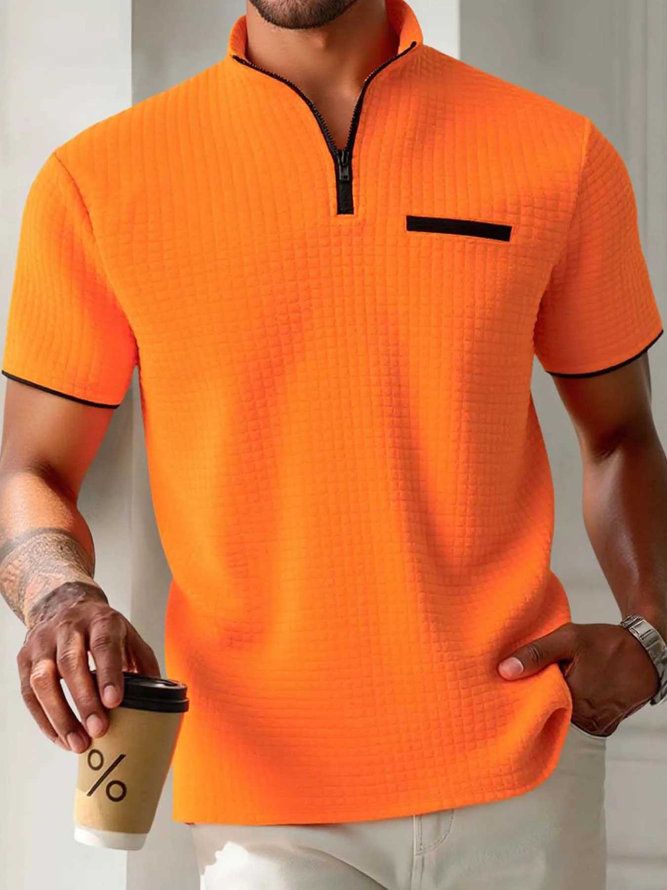 Mens sporty casual and simple POLO shirt with jacquard check pattern stand-up collar semi-zipper slim short-sleeved shirt XJ250605