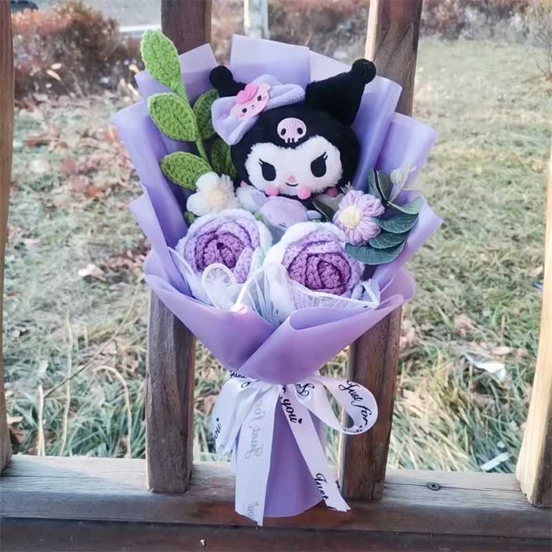 Graduation gift Kuromi Hello Kitty Kuromi Cinnamoroll Plush Bouquet Handmade Knitting Rose Gift Mothers Day Girl Friend Giftsw250605