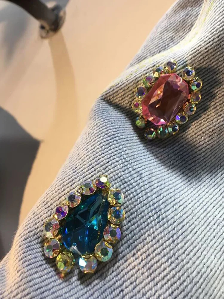 DEAT Womens Denim Shorts Colored Big Diamonds Drawstring Elastic Waist Wide Leg Short Pants Summer Fashion 29L1544 250604