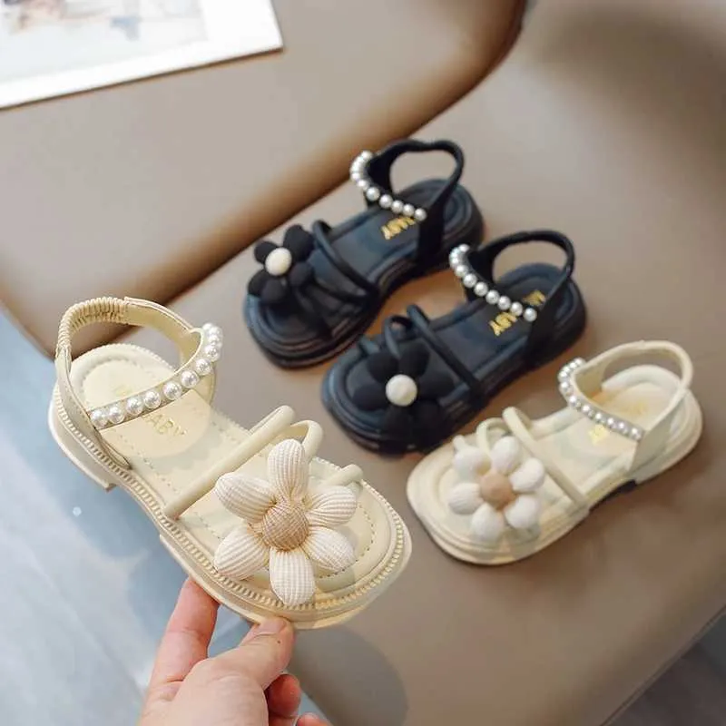 Sandals Childrens Girls Fashion Flower Pearl Sandals 2024 Summer Princess Breathable Non-Slip Sandals Flat Beach Soft Shoes for Kids z250708U378