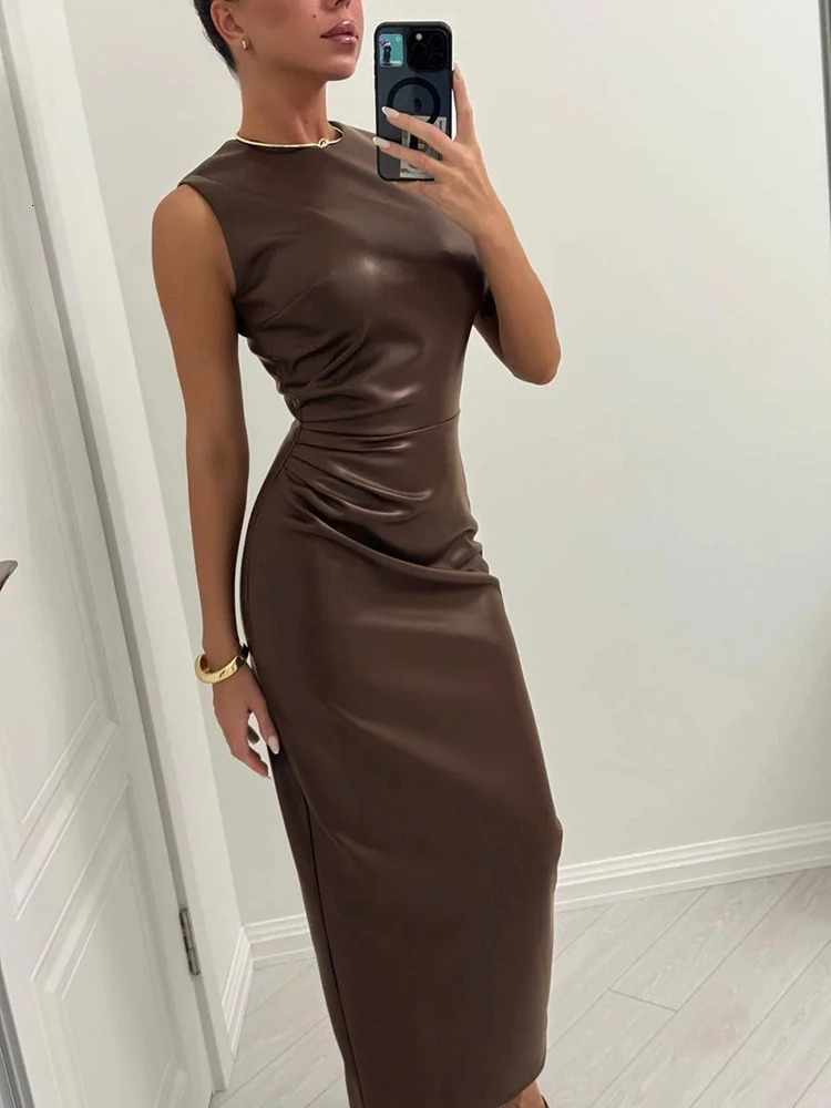 TARUXY Sleeveless Leather Maxi Dress For Women Tight Pleated Sexy Hip-Hugging Dress Vestido Solid High Waist Party Female Dress 250529