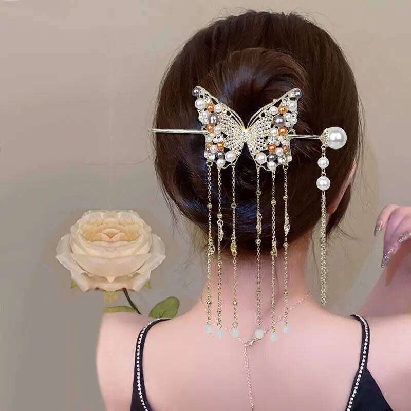Women Fashion Colored Pearls Butterfly Alloy Hairpin Ladies Clip Tassels Party Sticks Elegant Hair Accessories