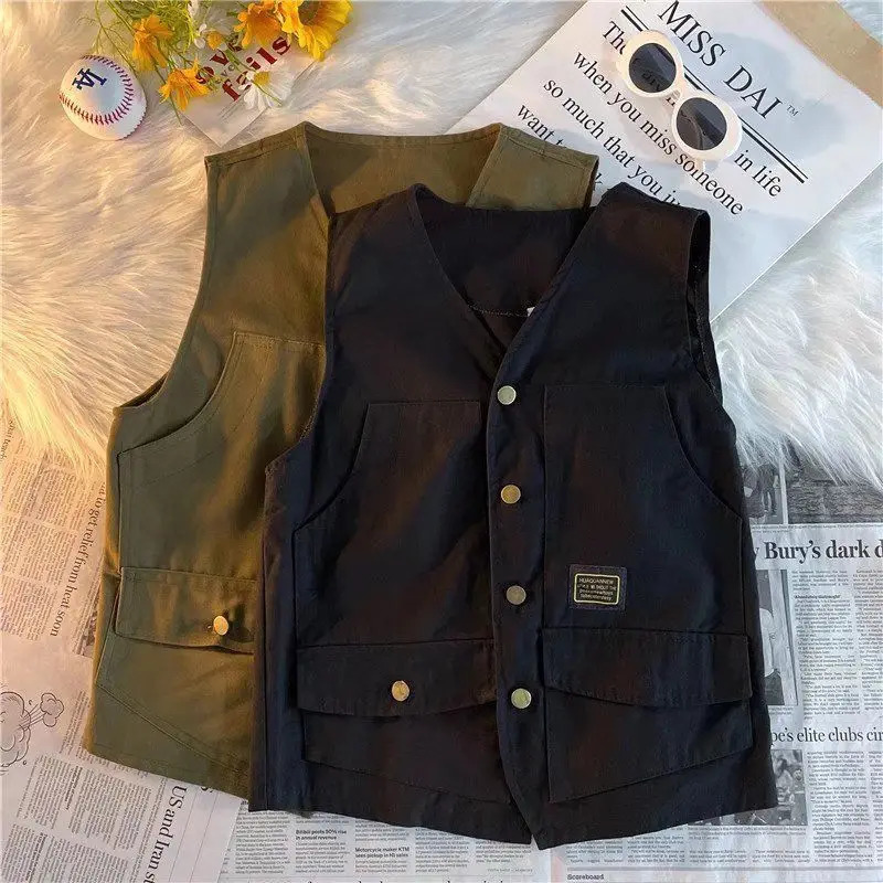 Japanese Retro Multipocket Workwear Vest Men Women in Summer Hong Kong Style Loose Versatile Waistcoat Sleeveless Cityboy 250605Z