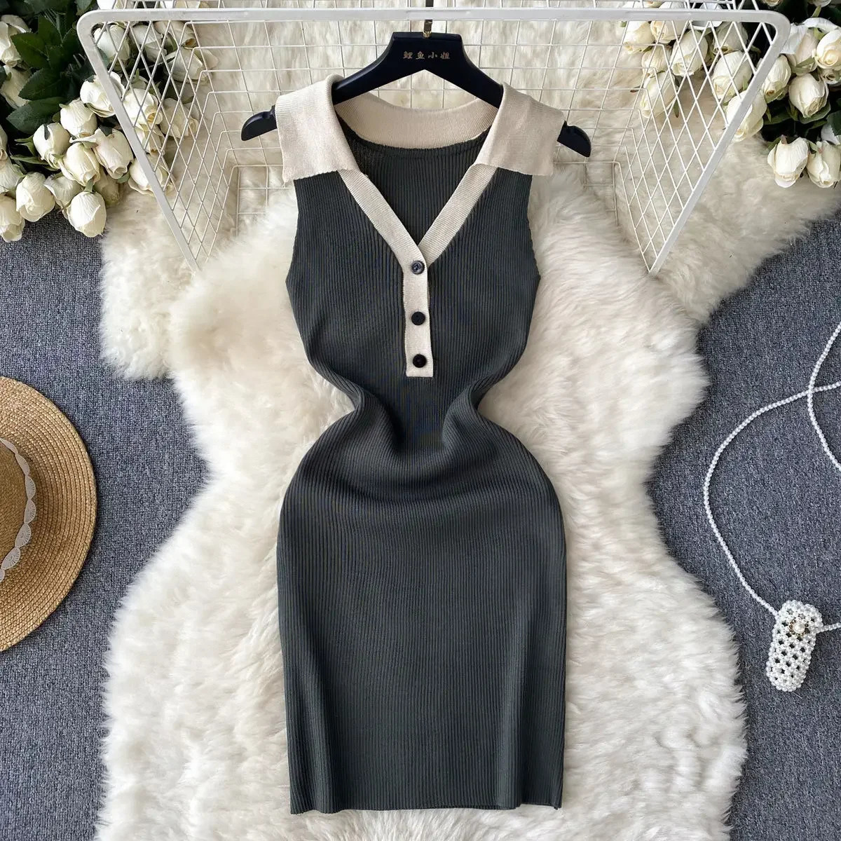 Patchwork Tank Summer Knit Elegant Dress Women Turn Down Collar Elastic Waist Bodycon Sundress Female Short Mini Dress 250604
