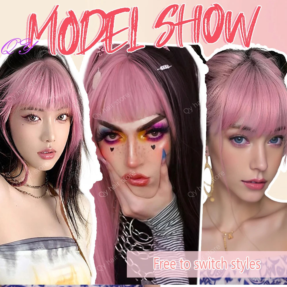 Synthetic Clip In Bangs Extensions Pink Easy To Wear For Women Daily Or Party Use Fringe Bangs Hairpieces 250529