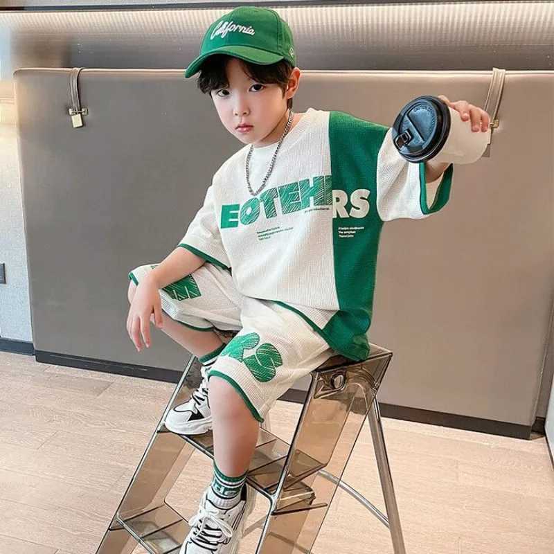 Boys summer tracksuit set 2025 new casual childrens sports T-shirt+shorts two-piece set R250605