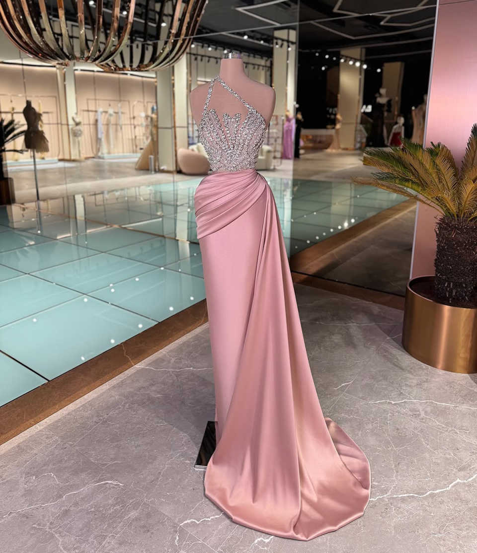 Crystal Mermaid Evening Dress Sexy One Shoulder Pleats Prom Gowns Formal Party Second Reception Birthday Wear Customized