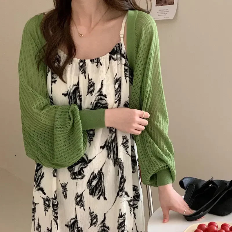 French Ice Silk Knitted SunProof Cardigan Top Womens Summer Thin Jacket Waistcoat Suspender Skirt Shawl Outer Match Blouse 250530