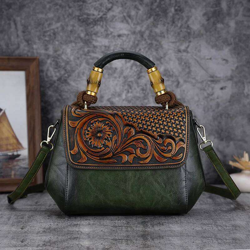 Johnature 2025 New Vintage Emed Women Bag Versatile Leather Handbag Large Capacity Handmade Female Shoulder Bags 2025/06/05