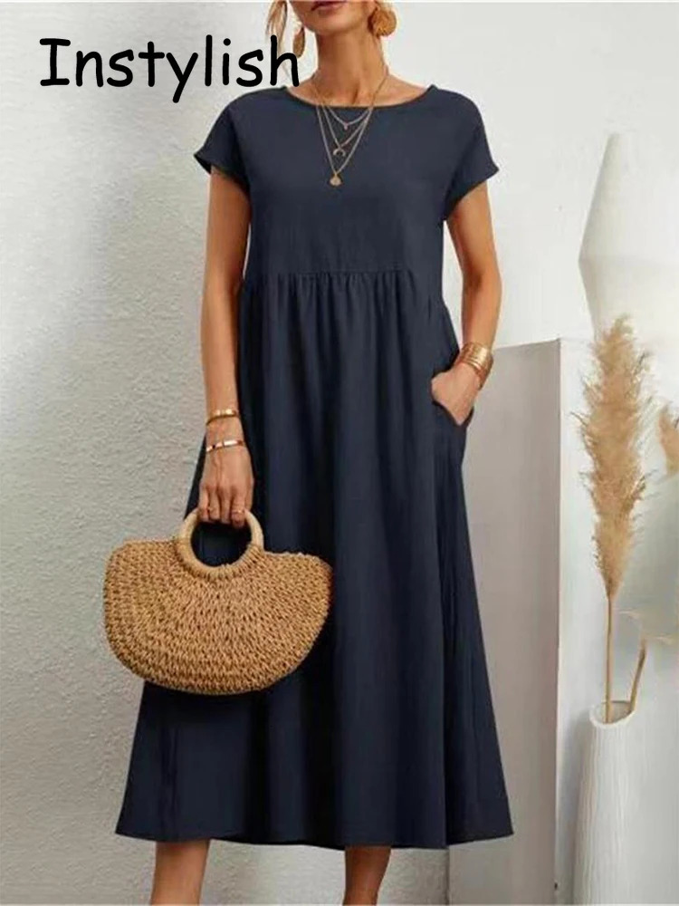 Women Elegant Solid Maxi Dress Summer Short Sleeve O Neck Vintage Harajuku Cotton Linen Loose Sundress Y2K Pockets Long Dress 250529