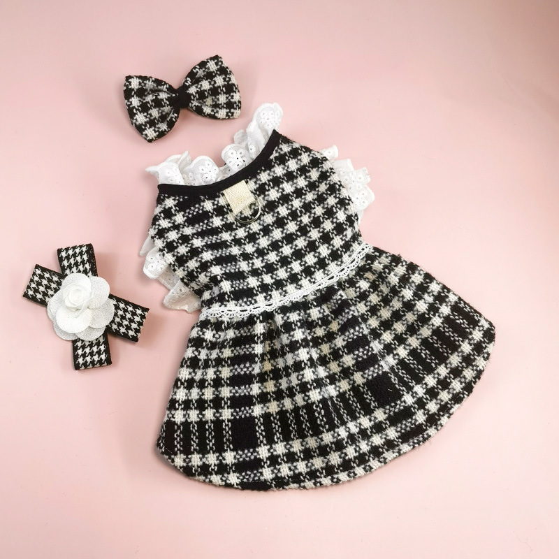 Cute Dog Dress Clothes for Small Dogs Cats Girl, Plaid Bow Tie Dog Harness Dresses with Pearls Bow Accessories Birthday Puppy Dress Yorkies Chihuahua 