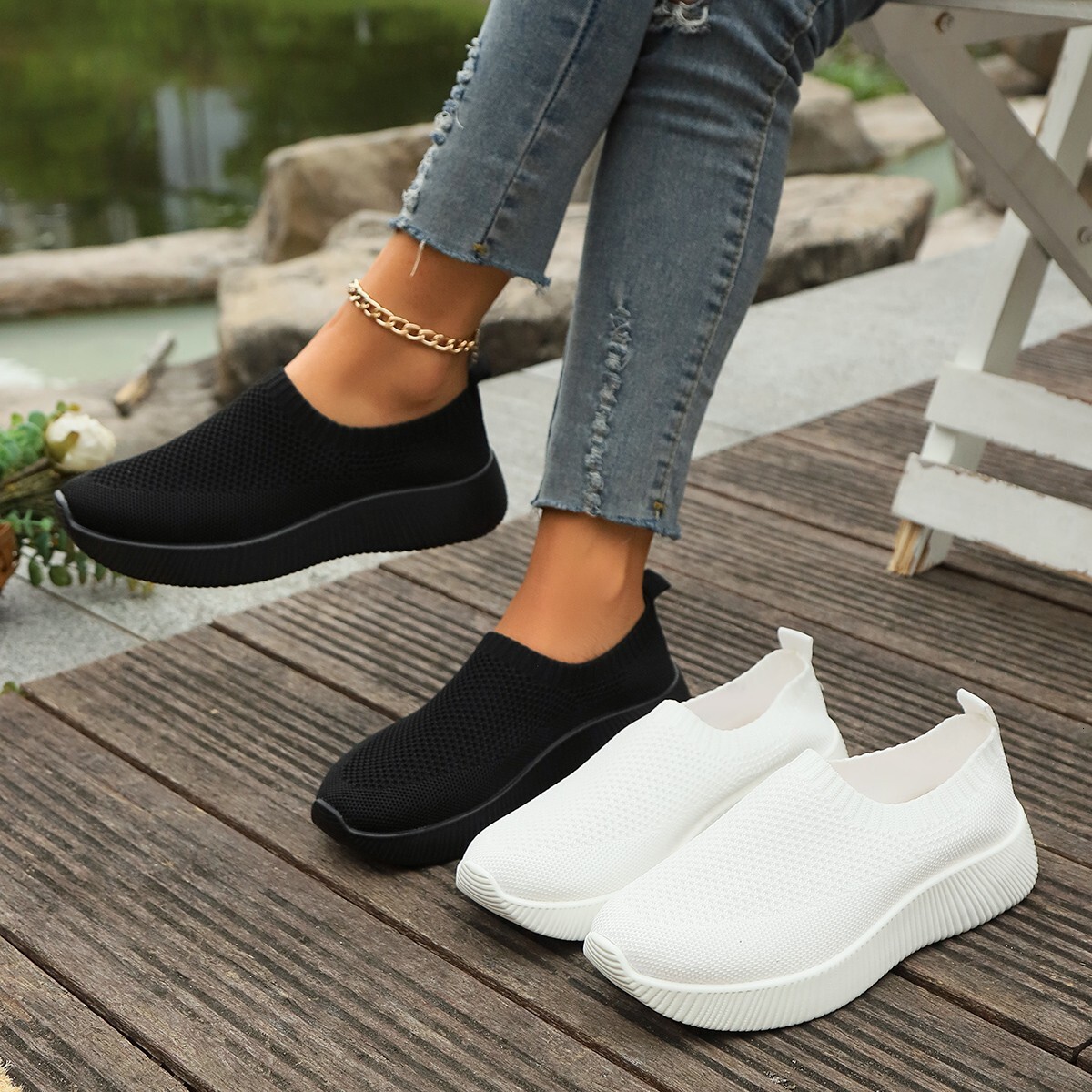 Plus Size Lightweight Mesh Sports Women S Flyknit Casual Casual Shoes Slip On Wedge Thick Sole Single Shoes Ddmysaturn