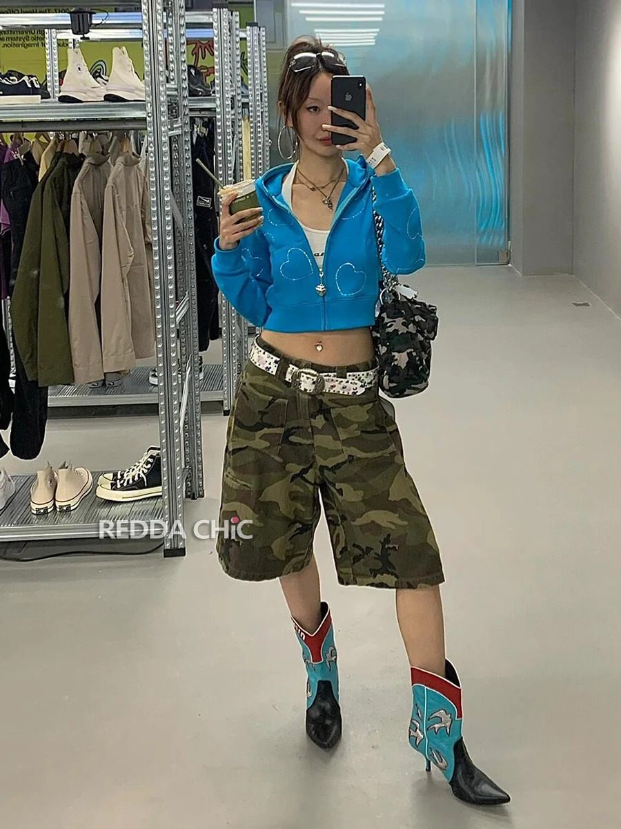 REDDACHiC 90s Retro Camouflage Baggy Jorts Women Loose Casual Denim Shorts High Waist Wide Leg Cargo Pants Grunge Y2k Streetwear 250604