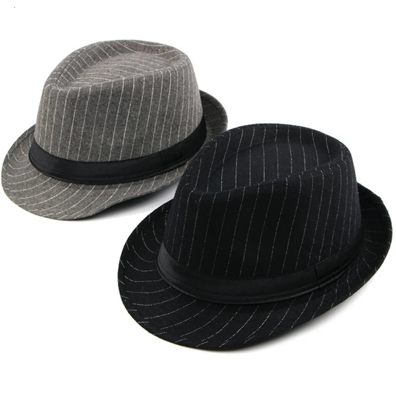 HT1516 Fashion Men Fedora Hat British Style Striped Trilby Hat Classic Retro Derby Bowler Jazz Hat Casual Grey Black Fedoras 250605