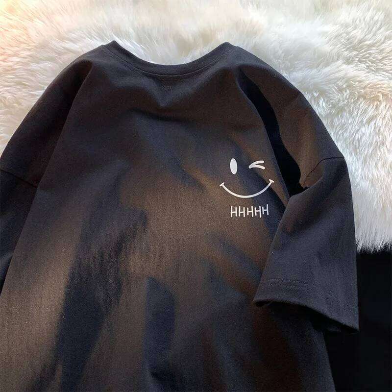 Men Women's Smiling Face Funny Fashion Couple Short Sleeved T-Shirt American Basic Simple Oversized Loose Boys' Pullover Top