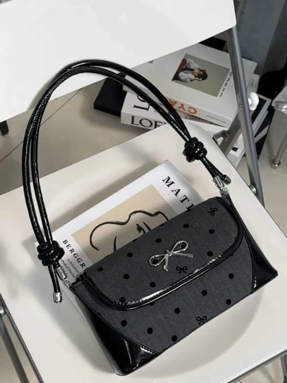 JIAERDI Sweet Cool Bow Black Underarm Bag Purse Women Fairycore Ahetic Dot Y2k Shoulder Bags Ladies Harajuku Square Handbag XJ250605