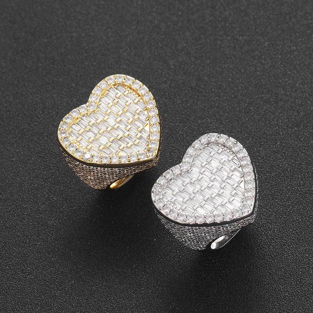 New Street Style Trendy Vertical T Square Heart Ring Personality Hip Hop Moissanite Heart Ring moissanite