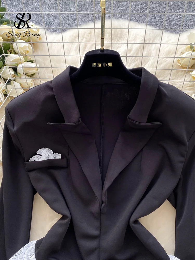 SINGREINY Female Lace Spliced OL Sexy Bodysuits Autumn Long Sleeve Slim Playsuits Women Streetwear Open crotch Fashion Rompers 250603