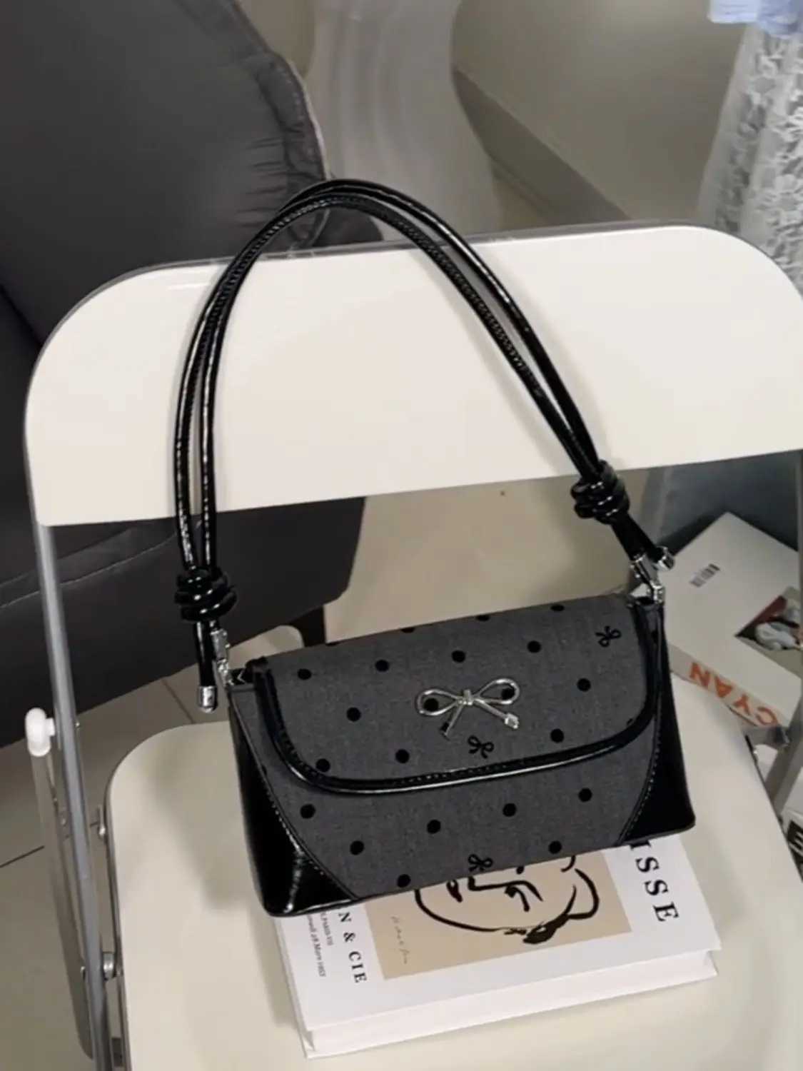 JIAERDI Sweet Cool Bow Black Underarm Bag Purse Women Fairycore Ahetic Dot Y2k Shoulder Bags Ladies Harajuku Square Handbag XJ250605