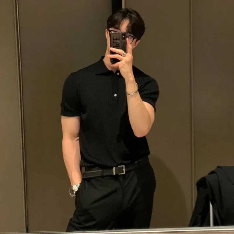Lapel Polo Shirt Short-sleeved Mens Trendy Brand Loose Casual Summer Thin Solid Color Knitted Sweater T-shirt Base Shirt XJ250605